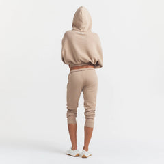 COTTON FLEECE CROPPED HOODIE WITH EMBOSSED LOGO | LATTE