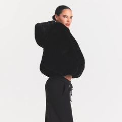 FAUX FUR HOODED ZIP UP JACKET | ONYX