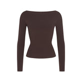 COTTON JERSEY LONG SLEEVE BOATNECK TOP | ESPRESSO