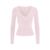 COTTON JERSEY V NECK LONG SLEEVE TOP | CHERRY BLOSSOM