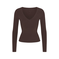 COTTON JERSEY V NECK LONG SLEEVE TOP | ESPRESSO