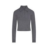 SWEATER KNIT LONG SLEEVE CROPPED POLO | DARK HEATHER GREY