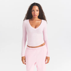 COTTON JERSEY V NECK LONG SLEEVE TOP | CHERRY BLOSSOM