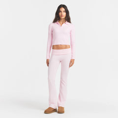 SWEATER KNIT LONG SLEEVE CROPPED POLO | CHERRY BLOSSOM