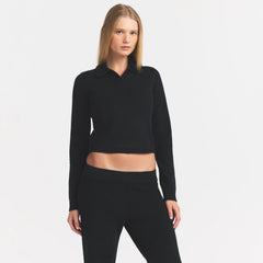 SWEATER KNIT LONG SLEEVE CROPPED POLO | ONYX