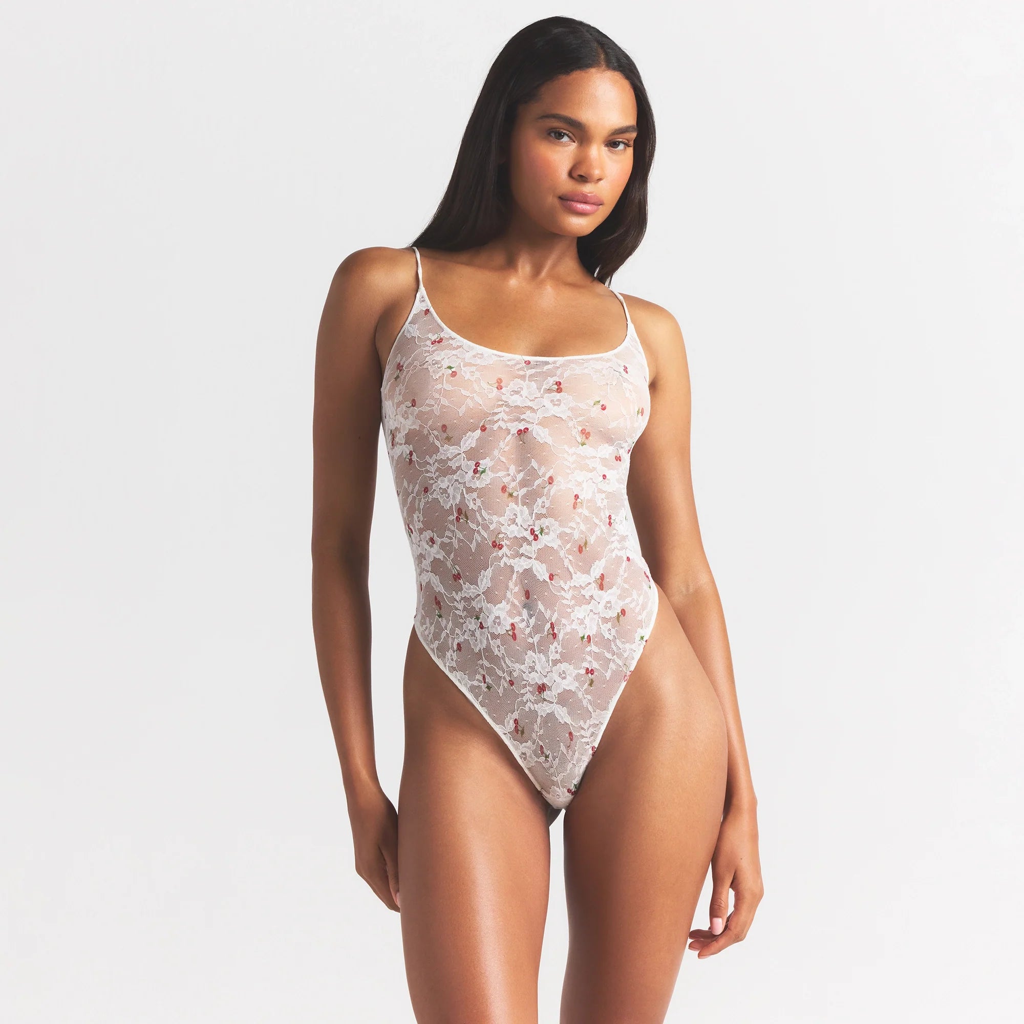 STRETCH LACE THONG BODYSUIT | IVORY CHERRY PRINT