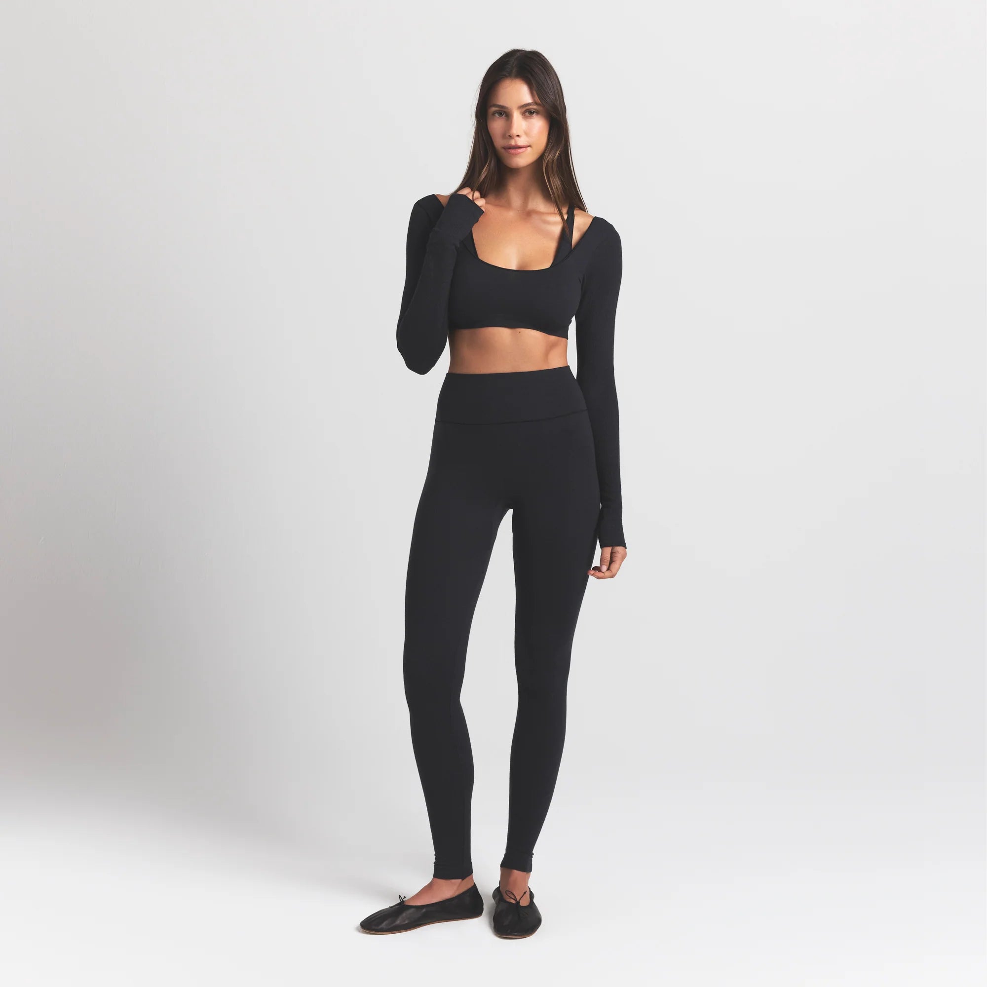 WOOL RIB LONG SLEEVE CROPPED TOP | OBSIDIAN