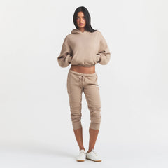 COTTON FLEECE CROPPED HOODIE WITH EMBOSSED LOGO | LATTE
