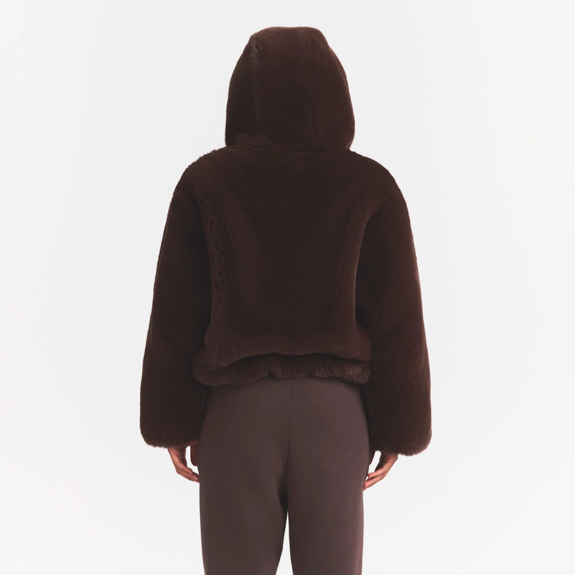 FAUX FUR HOODED ZIP UP JACKET | COCOA