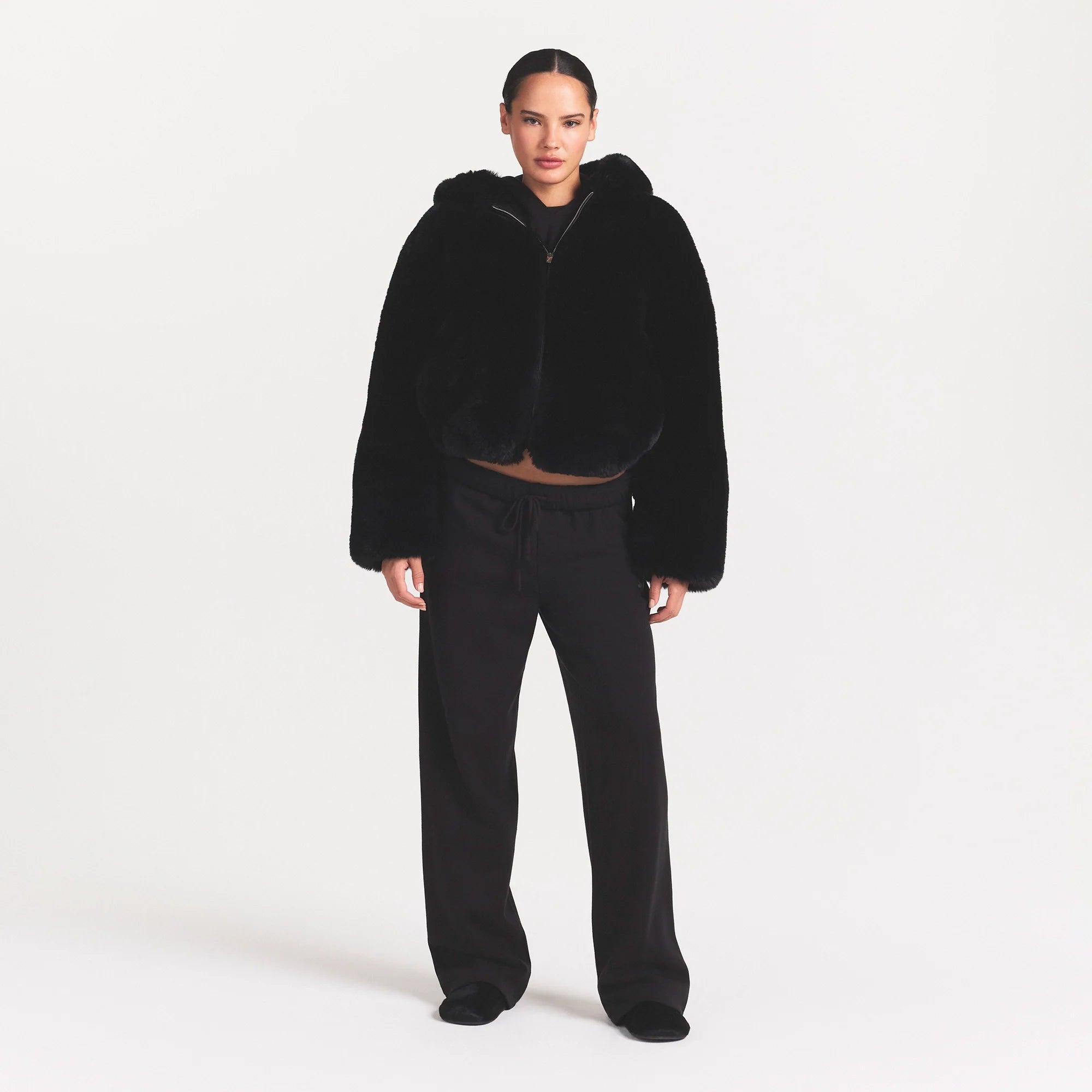 FAUX FUR HOODED ZIP UP JACKET | ONYX
