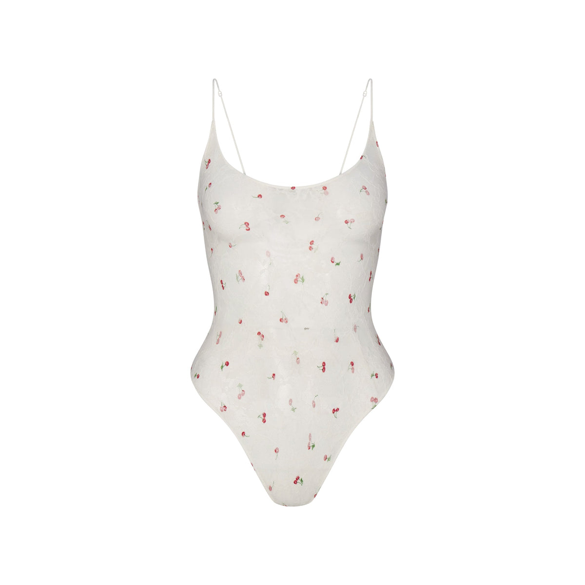 STRETCH LACE THONG BODYSUIT | IVORY CHERRY PRINT