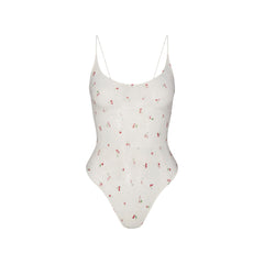 STRETCH LACE THONG BODYSUIT | IVORY CHERRY PRINT