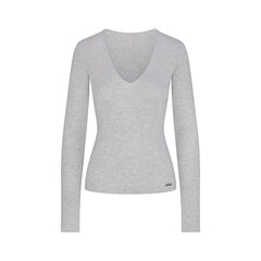 ESSENTIAL KNIT LONG SLEEVE V NECK | MID HEATHER GREY