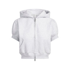 COTTON FLEECE BUBBLE SLEEVE CROPPED ZIP UP | LIGHT HEATHER GREY
