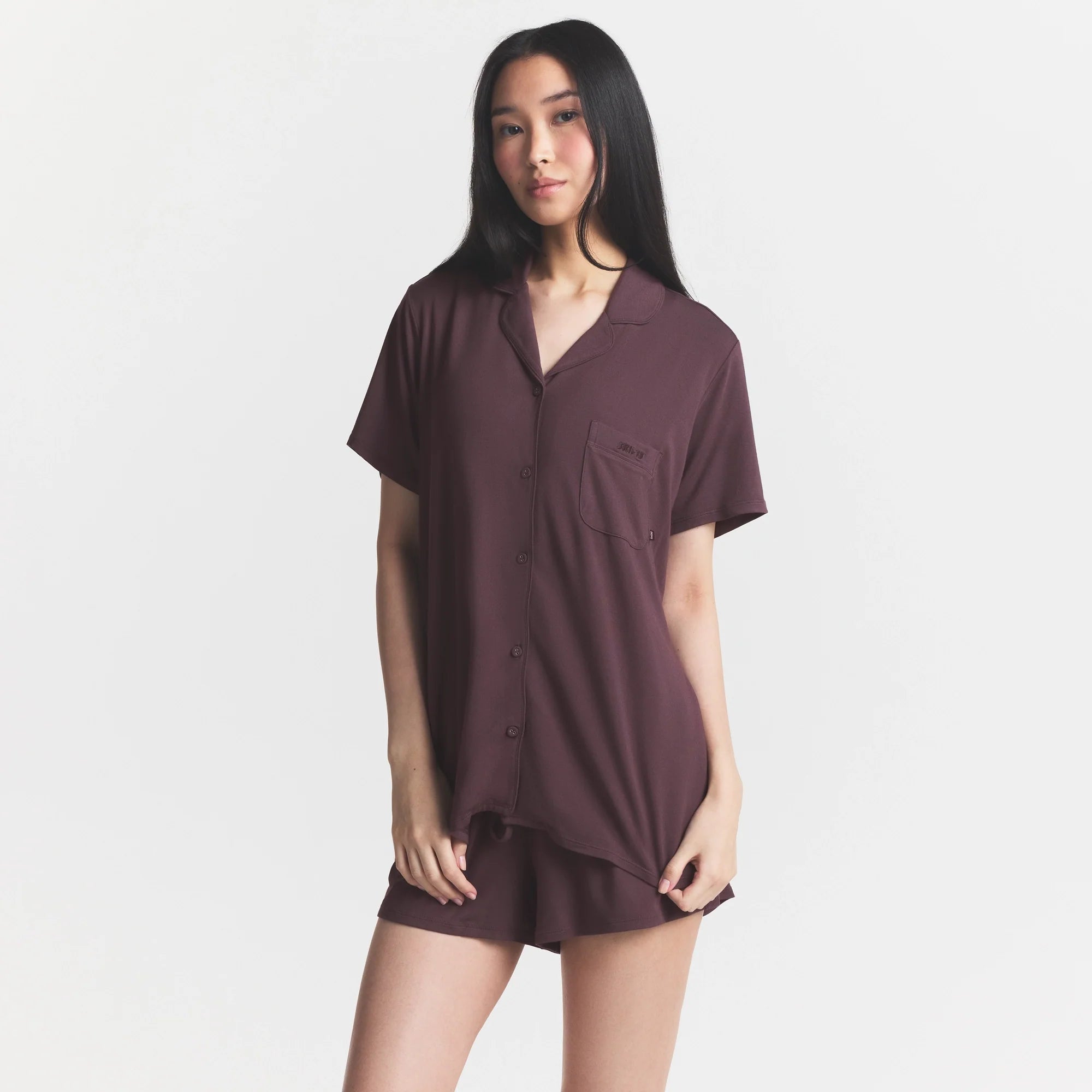SKIMS SLEEP SHORT SLEEVE BUTTON UP SET | RAISIN