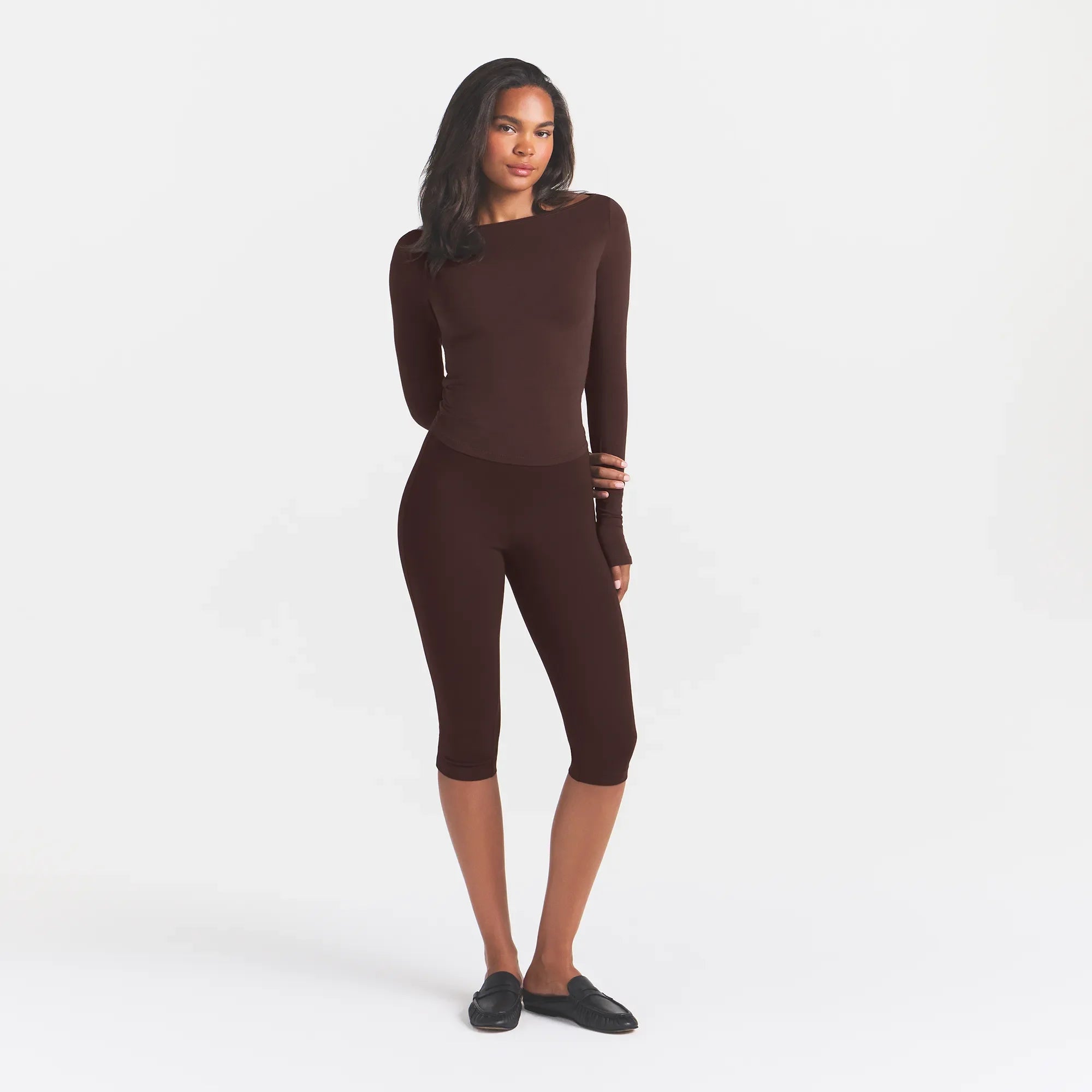COTTON JERSEY LONG SLEEVE BOATNECK TOP | ESPRESSO