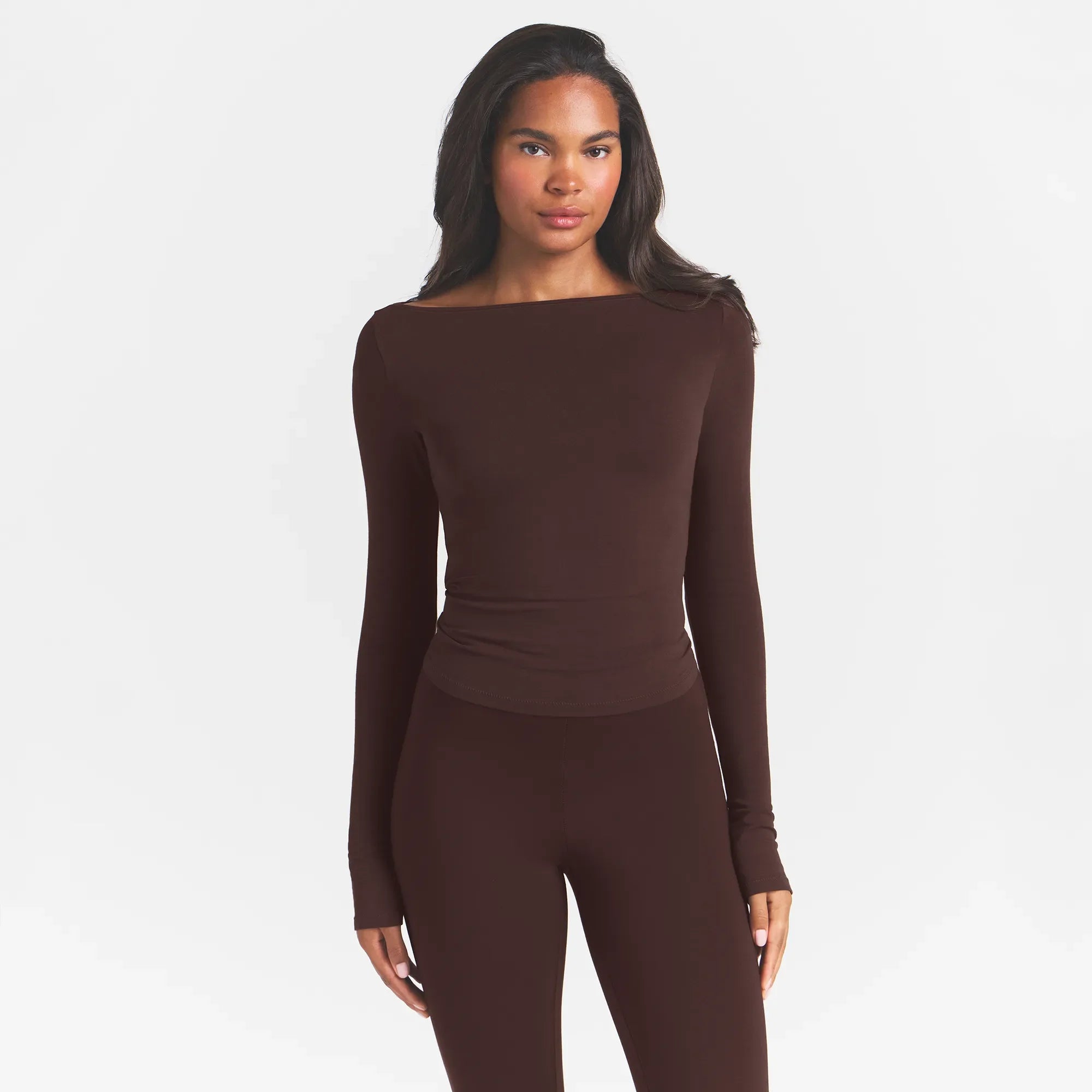 COTTON JERSEY LONG SLEEVE BOATNECK TOP | ESPRESSO