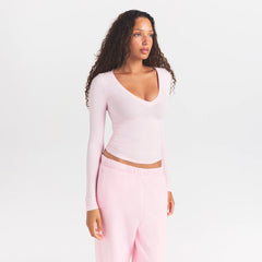 COTTON JERSEY V NECK LONG SLEEVE TOP | CHERRY BLOSSOM