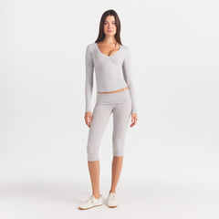 COTTON JERSEY V NECK LONG SLEEVE TOP | LIGHT HEATHER GREY