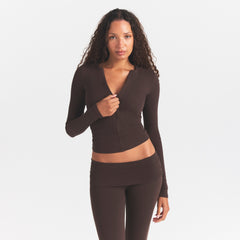 COTTON RIB ZIP UP TOP | ESPRESSO