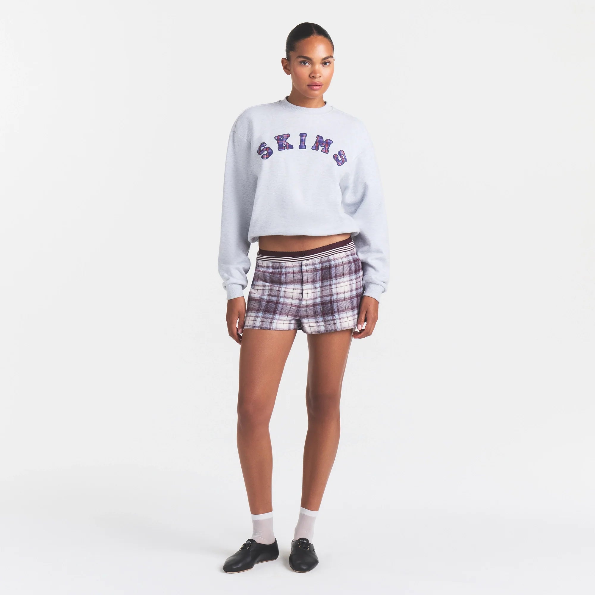 COTTON FLEECE CREWNECK | LIGHT HEATHER GREY ARCHED SKIMS PLAID