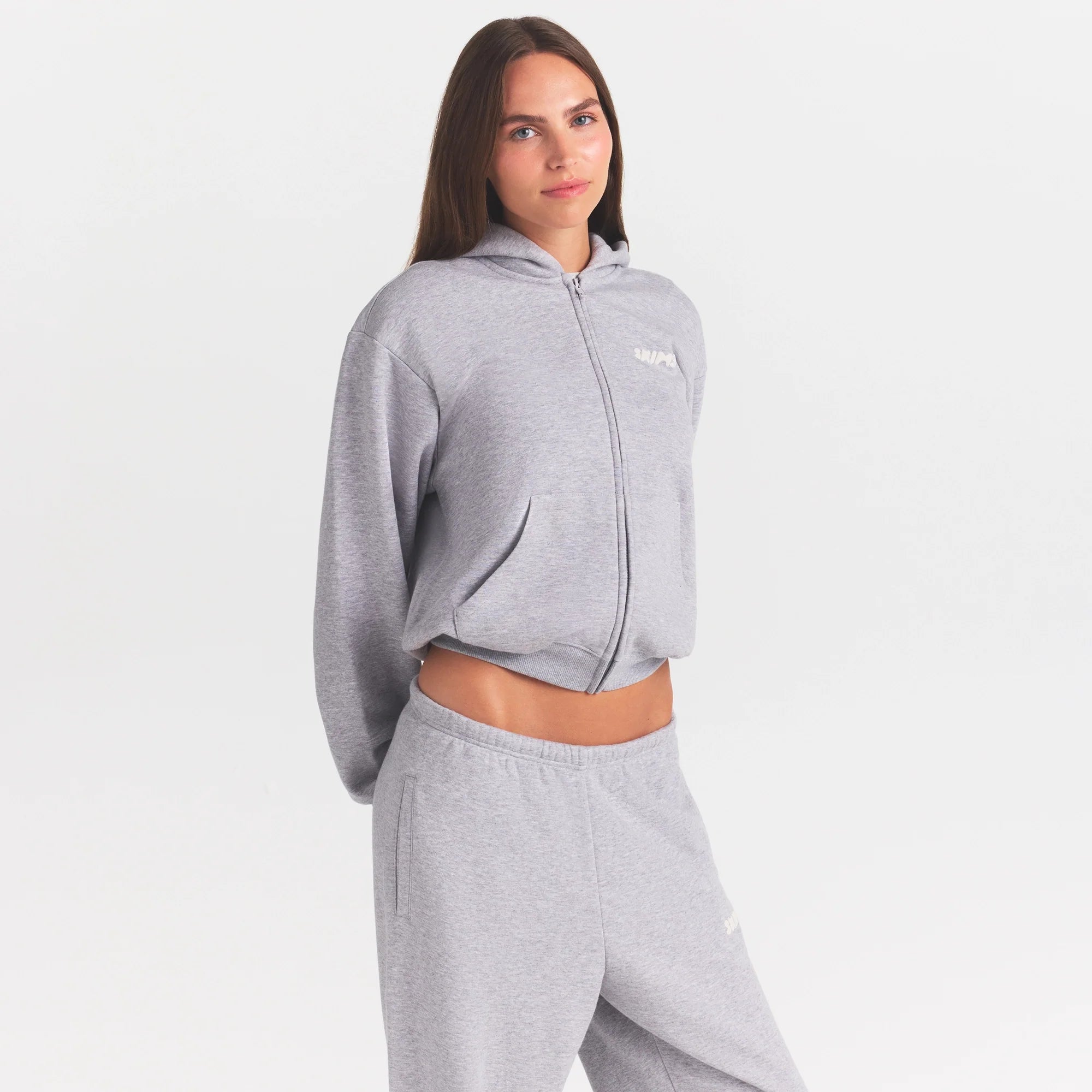 COTTON FLEECE ZIP UP HOODIE WITH EMBOSSED LOGO | HEATHER GREY