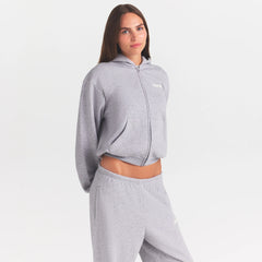 COTTON FLEECE ZIP UP HOODIE WITH EMBOSSED LOGO | HEATHER GREY