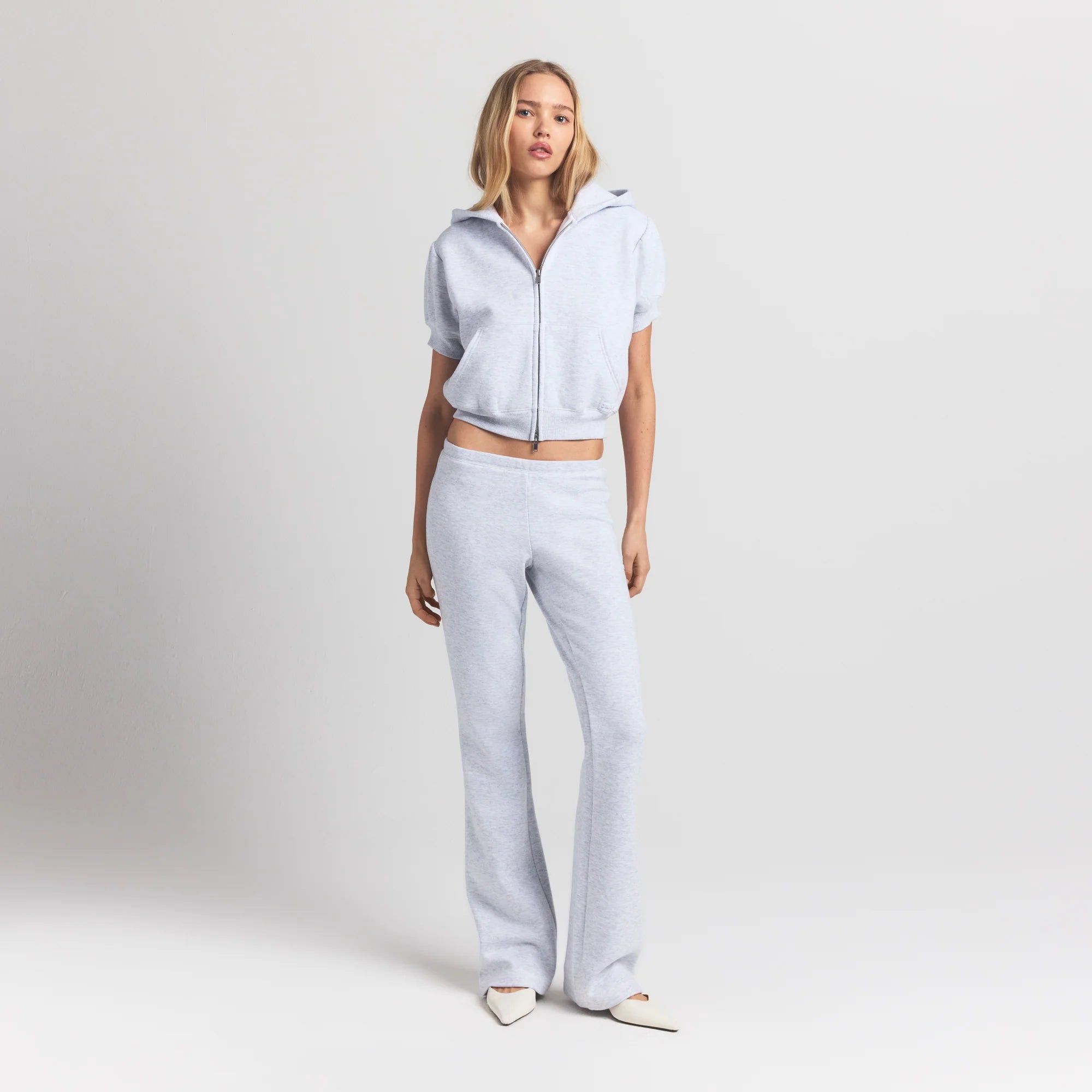 COTTON FLEECE BUBBLE SLEEVE CROPPED ZIP UP | LIGHT HEATHER GREY